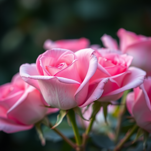 Regenerate a close-up of pink roses in soft-focus with a bokeh background, using a DSLR camera, aperture f/2.8, ISO 100, shutter speed 1/200 sec, natural daylight, and macro lens for enhanced depth and clarity.