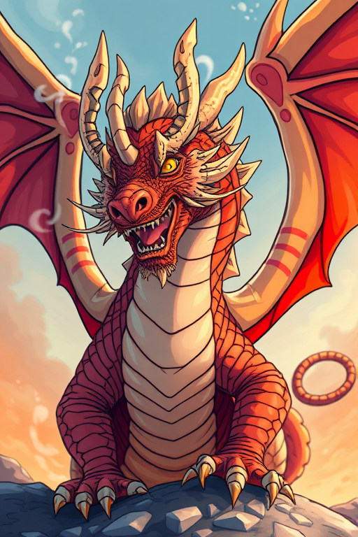 Create a high-resolution illustration of a stylized dragon, using a DSLR camera with a 50mm lens, aperture set to f/1.8 for a shallow depth of field, ISO 200 for a clear image, and shot from a low angle to enhance its imposing presence, in vibrant colors with intricate details.