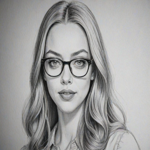 Graceful Amanda Seyfried, pencil sketch, portrait of Resplendent woman 1961s in glasses, hair style beatnik, outline, clear lines, fine lines, 8k