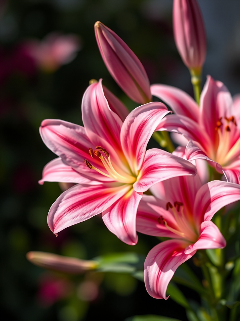 Create a high-resolution close-up image of pink lilies with a shallow depth of field using a DSLR camera set to f/2.8, ISO 100, 1/200 sec, with soft natural lighting and a blurred background for enhanced focus on the flowers.