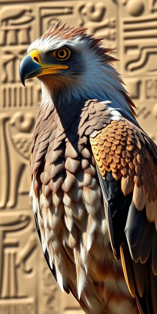 Create a highly detailed image of a majestic eagle-like creature with intricate feathers and a regal appearance, set against an ancient Egyptian backdrop with hieroglyphics, captured with a DSLR camera at 50mm, f/1.8 aperture, ISO 200, in natural sunlight for vibrant colors and sharp focus.