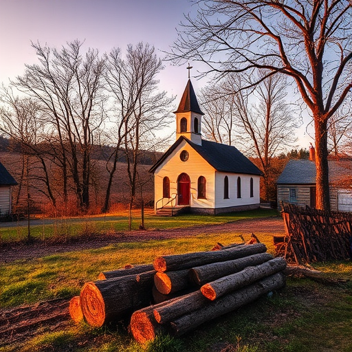 Capture a serene rural landscape featuring a quaint church surrounded by bare trees, with stacked logs in the foreground; use a DSLR camera with a 50mm lens, aperture set to f/8, ISO 100, and a slight HDR effect to enhance details and colors in natural lighting during golden hour.