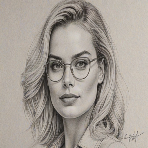 Alluring Margot Robbie, pencil sketch, portrait of Captivating woman 1970s in glasses, hair style beatnik, outline, clear lines, fine lines, 8k