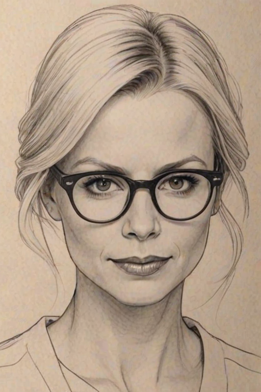 Beauteous Monica Potter, pencil sketch, portrait of Fetching woman 1923s in glasses, hair style beatnik, outline, clear lines, fine lines, 8k