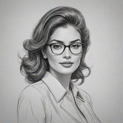 Graceful Blanca Blanco, pencil sketch, portrait of Fetching woman 1950s in glasses, hair style beatnik, outline, clear lines, fine lines, 8k