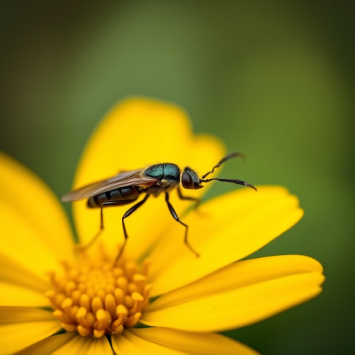 macro shot of a black insect on a bright yellow flower, shallow depth of field, soft bokeh background, using a Canon EOS 5D Mark IV with a 100mm f2.8 macro lens, aperture f2.8, ISO 100, shutter speed 1/200s, natural lighting