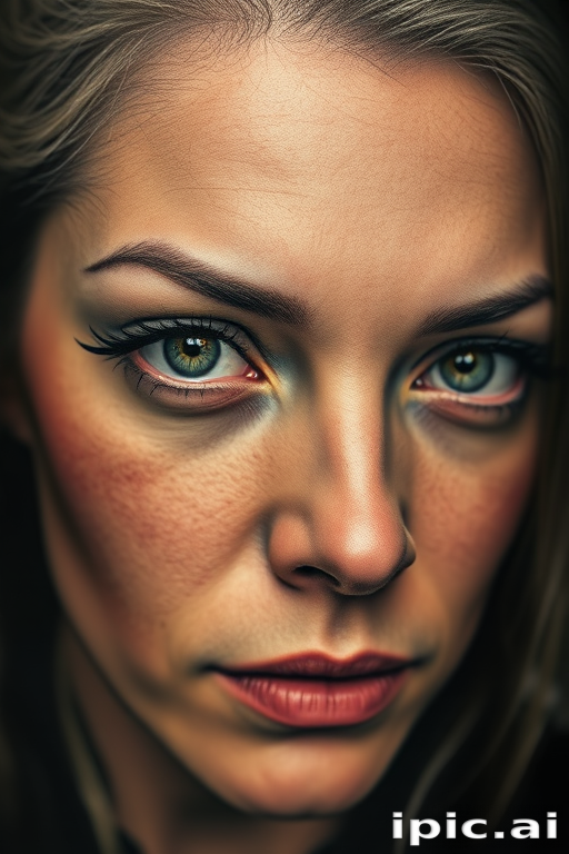 Photorealistic color portrait tattoo named "Timeless Gaze" depicting a lifelike human face with incredible attention to detail in skin texture hair strands and subtle facial features using a soft color palette and advanced shading techniques to create a three-dimensional effect that appears to emerge from the skin with hyper-realistic eyes that seem to follow the viewer