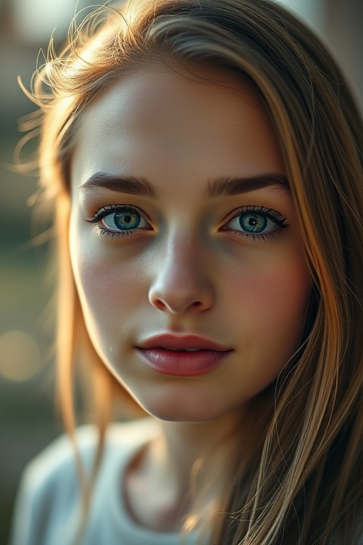 portrait of a young woman with soft natural lighting, shallow depth of field, 50mm lens, f/1.8, ISO 100, 1/200 sec, taken with a full-frame DSLR, focus on the eyes, soft bokeh background, warm tones
