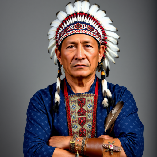 Create a dignified portrait of a Native American man dressed in traditional attire. He wears a beautifully crafted headdress adorned with white feathers and red beads, along with a beaded headband featuring intricate patterns. His clothing includes a deep blue, patterned shirt and a traditional chest piece with detailed beadwork. His arms are crossed, displaying leather armbands decorated with feathers. The background is simple and neutral, emphasizing his proud and stoic expression. The overall image captures the rich cultural heritage and strength of his persona.