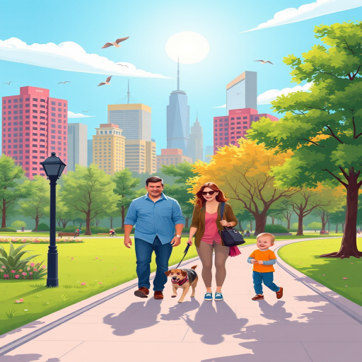 A vibrant park scene with two adults walking a dog, a child playing, and city buildings in the background, bright blue sky with sun and birds, art style: flat design, camera settings: f/8 aperture, 1/200s shutter speed, ISO 100, camera view: wide angle, camera type: digital DSLR.