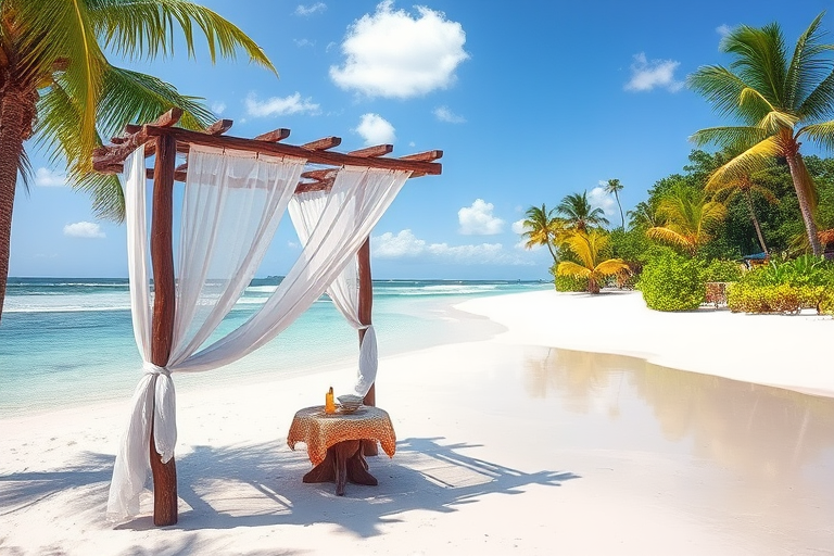 Create a picturesque tropical beach scene featuring a serene, white sandy shore. In the foreground, there's a rustic wooden canopy with white drapes gently flowing in the breeze. Underneath the canopy, a table is set with tropical decor, evoking a sense of relaxation and leisure. The beach extends into a calm, shallow water area with reflections of the sky and surroundings. Palm trees and lush greenery line the edge of the beach, providing a natural, tropical backdrop. The sky is clear with a few scattered clouds, and the overall atmosphere is tranquil and inviting, perfect for a peaceful retreat.