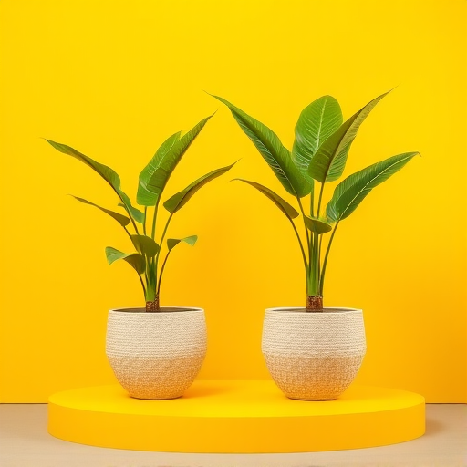 Generate an image of a minimalist display scene featuring two large tropical plants in textured beige pots flanking a bright yellow platform against a vibrant yellow background, using a DSLR camera with f/2.8 aperture, 1/200 second shutter speed, ISO 100, and a shallow depth of field for enhanced image quality.