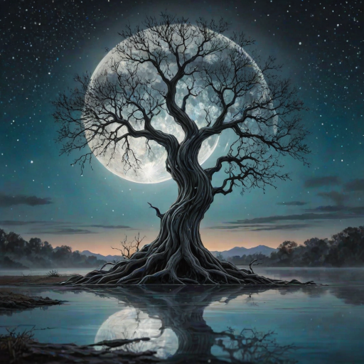 painting of a tree with a full moon in the background and water dripping from its branches, fantasy art, alcohol ink, 3D, 4K, HDRi