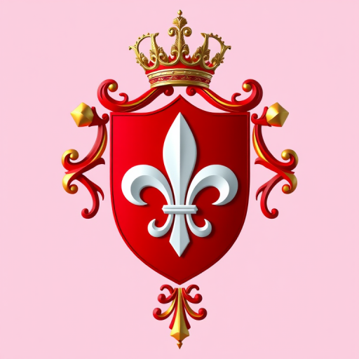 Create an intricate digital rendering of a heraldic crest featuring a red shield with a white fleur-de-lis, adorned with ornate gold and red flourishes, a golden crown above, in a high-resolution format using a DSLR camera with an aperture of f/8, ISO 100, and a focal length of 50mm, capturing the details in soft natural light from the front view.