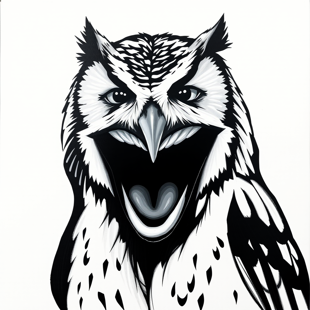 Abstract black and white acrylic portrait of an over exaggerated laughing (owl). Minimalism style. White background.
