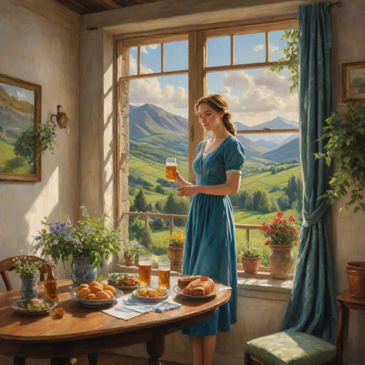 In "A Glass of Beer on the Highland," a serene scene is depicted in a sunlit room where a woman in a vibrant blue dress stands by a large window. She holds a tray with a hearty meal and a frothy glass of beer, embodying a moment of relaxation. Outside, the breathtaking highland landscape features rolling green hills and a charming traditional house, all bathed in warm afternoon light. The interior is adorned with potted plants, creating a harmonious blend of comfort and nature. The painting beautifully captures the tranquility and joy found in simple pleasures amidst stunning scenery