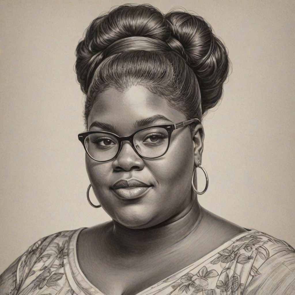 Graceful Gabourey Sidibe, pencil sketch, portrait of Attractive woman 1951s in glasses, hair style beatnik, outline, clear lines, fine lines, 8k