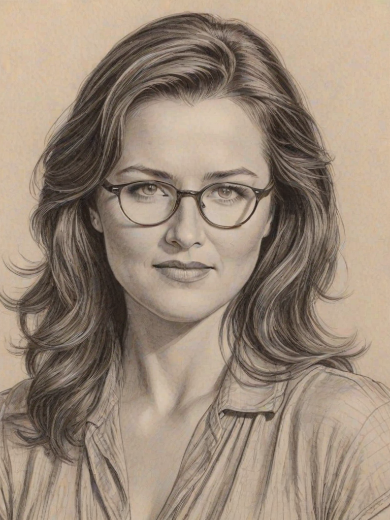 Radiant Lucy Lawless, pencil sketch, portrait of Exquisite woman 1942s in glasses, hair style beatnik, outline, clear lines, fine lines, 8k