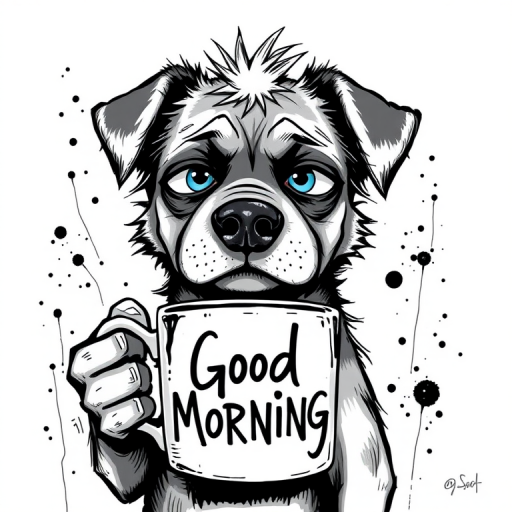 A quirky, artistic illustration of a disheveled akita pit dog breed with exaggerated, large eyes and spiky fur, holding a coffee mug that reads "Good Morning". The dog has a tired but humorous expression, with ink splatters and abstract details surrounding it, giving a whimsical feel to the image. The color palette is mostly monochrome with hints of blue in the eyes and steam rising from the mug, enhancing the overall sleepy vibe