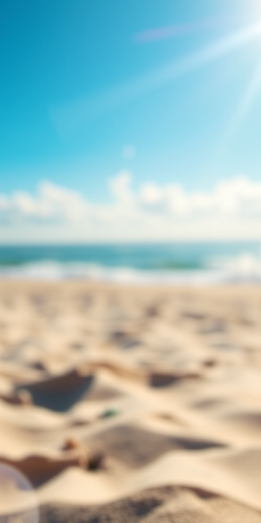 create a vibrant beach scene with soft bokeh effects, bright sunlight pouring over a blue sky and a blurred sandy foreground, using a DSLR camera, f/2.8 aperture, 1/2000s shutter speed, ISO 100, 35mm lens, shallow depth of field, and a slight lens flair for added brightness.