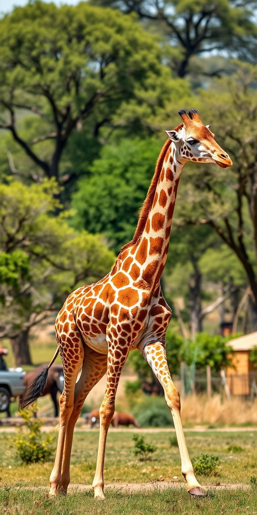 Generate a high-resolution image of a giraffe walking in a natural setting using a DSLR camera with a 50mm lens, f/4 aperture, ISO 200, and a shallow depth of field, capturing a side view in bright daylight.
