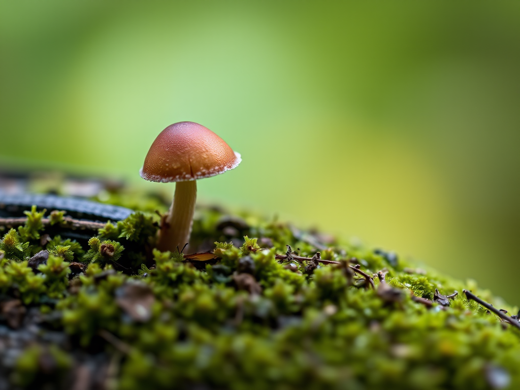 macro photography of two small brown fungi on a mossy log with a blurred green background, aperture f/2.8, shutter speed 1/200s, ISO 200, 50mm lens, natural light, portrait orientation