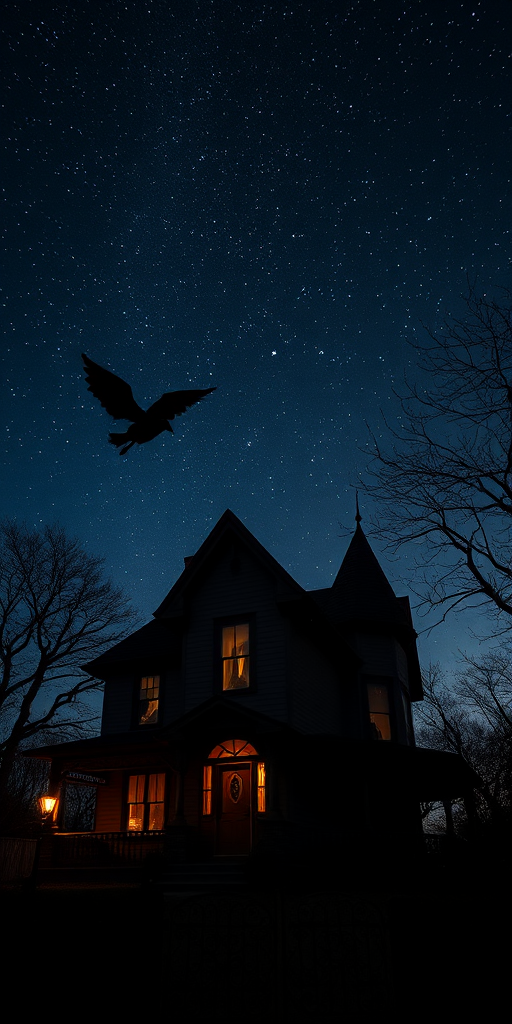 haunted house under a starry night sky with a witch flying by, long exposure, f/2.8 aperture, ISO 800, 24mm lens, tripod mounted, twilight lighting, digital photography