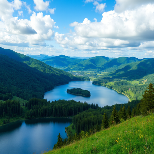 Landscape of a serene lake surrounded by lush green hills and forests under a partly cloudy sky, captured with a DSLR camera, 24mm lens, f/8 aperture, ISO 100, at a low angle view to emphasize foreground details and enhance overall image quality.