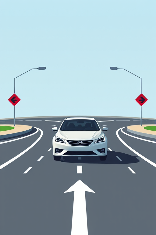 Create a high-quality vector graphic of a car approaching a curved intersection with bold directional arrows, using a wide-angle lens with an aperture of f/8, ISO 100, and a shutter speed of 1/125s, in a flat design style, with a 2D perspective.