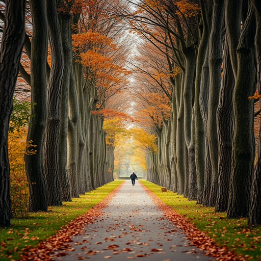 Capture a serene autumn pathway lined with tall, textured trees and a person walking ahead, using a Canon EOS R5 camera with a 50mm f/1.2 lens, aperture set to f/2.8, ISO 100, 1/250 sec shutter speed, and a slight tilt-shift perspective for depth.