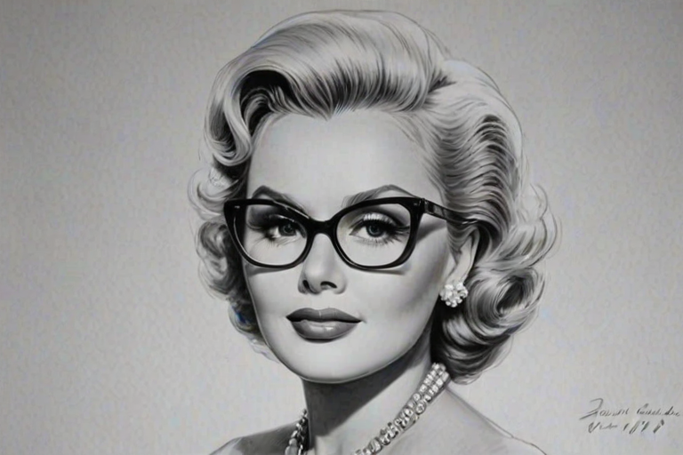 Attractive Zsa Zsa Gabor, pencil sketch, portrait of Gorgeous woman 1947s in glasses, hair style beatnik, outline, clear lines, fine lines, 8k