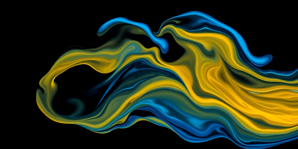 Generate an abstract fluid dynamics image with swirling blue and yellow colors, high contrast against a black background, using a Canon EOS R5 camera, 50mm lens, f/1.8 aperture, 1/125s shutter speed, ISO 100, soft focus, and high dynamic range styling.