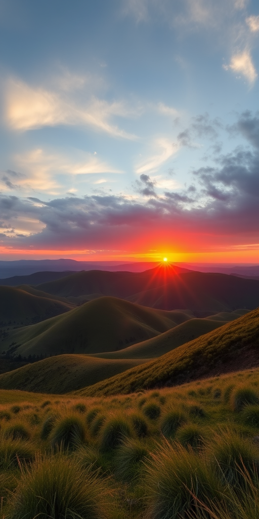 Create a high-resolution image of a serene landscape with rolling hills and a vibrant sunset, shot with a DSLR camera at f/8 aperture, 1/100 sec shutter speed, ISO 200, using a wide-angle lens, capturing a panoramic view for enhanced depth and clarity.