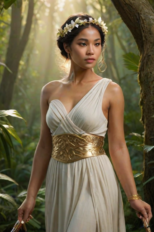 Create a portrait of a goddess-like Pacific Islander girl figure in a tranquil, forested environment. She has an elegant appearance with long, wavy hair styled in an updo and adorned with a delicate, floral headband. She wears a flowing, ancient Greek-inspired gown in a soft, pale color, featuring a one-shoulder design and draped fabric that accentuates her graceful form. The outfit includes a decorative belt with ornate gold detailing, and she holds a bow in her hand, with a quiver of arrows slung over her shoulder. The background depicts lush greenery, with sunlight filtering through the trees, casting a gentle, ethereal light on the scene. Her expression is calm and contemplative, embodying a sense of wisdom and serenity.