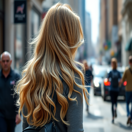 Capture a candid shot of a woman with long wavy blonde hair walking away on a busy street, using a DSLR camera at f/2.8 aperture, ISO 200, 50mm lens, natural light, shallow depth of field, focusing on her flowing hair and the details of her outfit while slightly blurring the background.