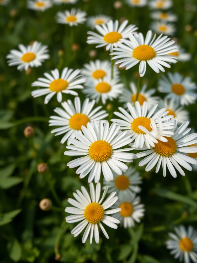 close-up of white daisies with yellow centers in a lush green background, 50mm f/1.8 lens, ISO 200, 1/250s, natural light, macro photography, DSLR camera