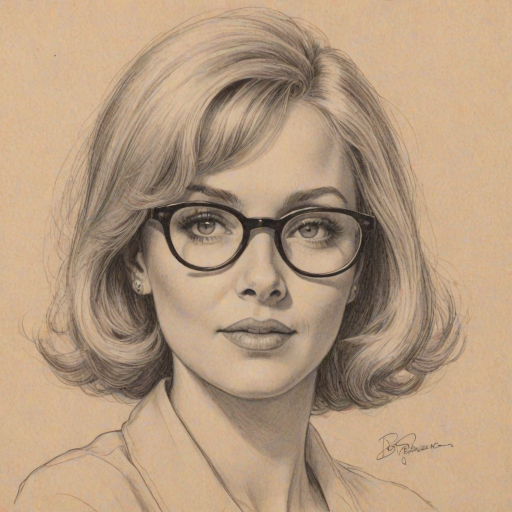 Appealing Barbara Crampton, pencil sketch, portrait of Bewitching woman 1954s in glasses, hair style beatnik, outline, clear lines, fine lines, 8k