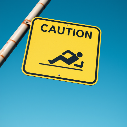 Create a high-resolution image of a caution sign depicting a person slipping, using a Canon EOS R5 camera with a 50mm f/1.2 lens, at a shutter speed of 1/250s, aperture of f/8, ISO 100, taken from a slightly low angle to emphasize the sign against a clear blue sky in bright daylight.