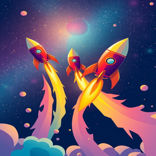create a vibrant digital illustration of colorful rockets shooting through a starry night sky, camera type: digital SLR, camera settings: ISO 200, aperture f/8, shutter speed 1/125s, camera view: wide-angle, camera style: high saturation and contrast for enhanced color depth.