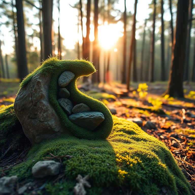Regenerate a serene forest scene featuring a yin-yang symbol made of moss and stones, captured with a DSLR camera at f/2.8, ISO 100, 1/60 sec, with a wide-angle lens, in golden hour lighting for enhanced depth and detail.
