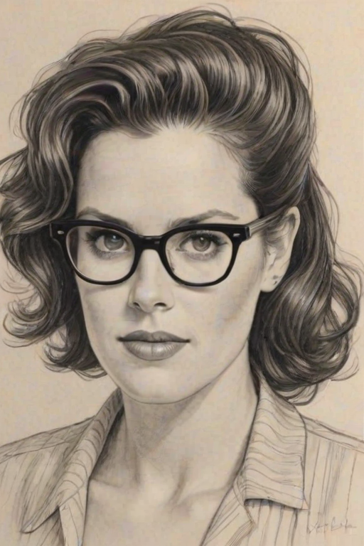 Pleasing Ione Skye, pencil sketch, portrait of Wonderful woman 1953s in glasses, hair style beatnik, outline, clear lines, fine lines, 8k