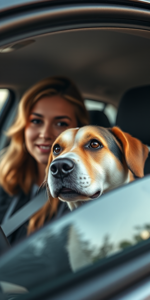 Capture a close-up shot of a woman and a dog inside a car, using a Canon EOS R5 at f/2.8 aperture, ISO 100, 1/500 sec shutter speed, with natural lighting and a slight shallow depth of field.