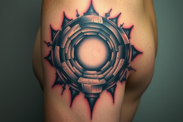 Surrealist optical illusion tattoo creating the appearance of a three-dimensional portal on the skin, with hyper-realistic depth and shading techniques for a mind-bending visual experience