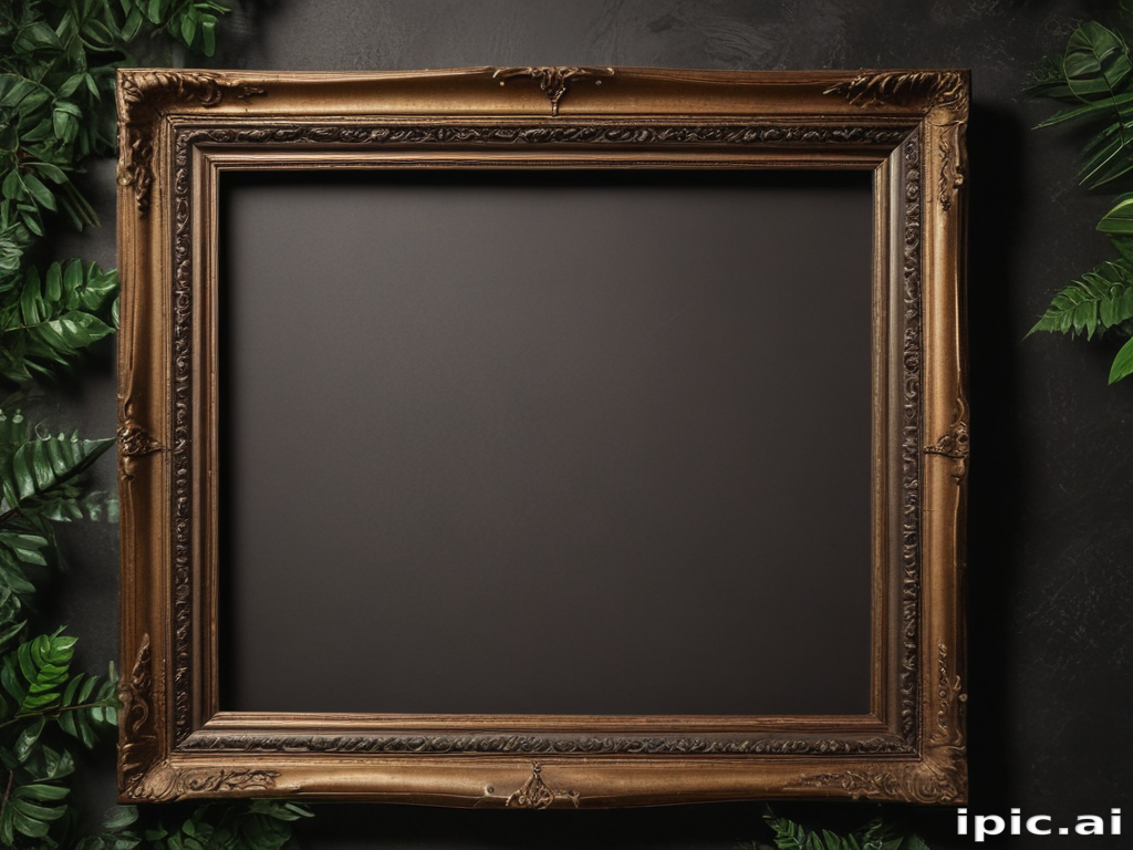 Elegant Vintage Picture Frame Surrounded by Lush Green Leaves on Dark ...