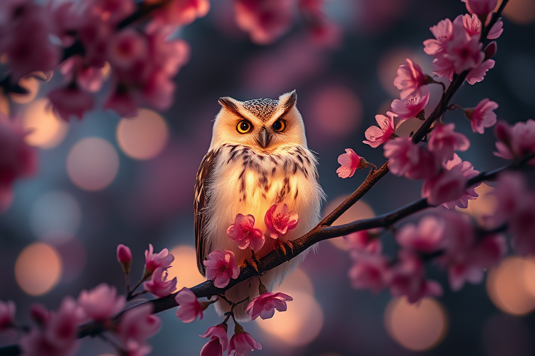 Create an enchanting scene of a glowing owl perched on a branch adorned with pink cherry blossom flowers, with soft bokeh lights in the background, captured using a Canon EOS R5 at f/1.8, ISO 100, shutter speed 1/200s, with a macro lens to focus on details and rich colors, in a dreamy, whimsical style.