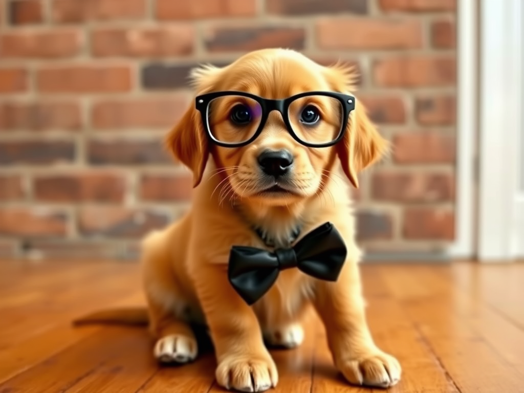 A golden retriever puppy wearing large glasses and a bow tie sitting in front of a brick wall with a wooden floor.