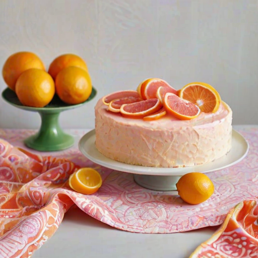 Create an image of a round cake with a textured frosting in shades of orange and pink. Place the cake on a white cake stand and surround it with fresh grapefruit halves and a patterned cloth featuring citrus designs. Include a small bowl of lemon curd nearby. The background should be simple and bright to highlight the cake and fruits.