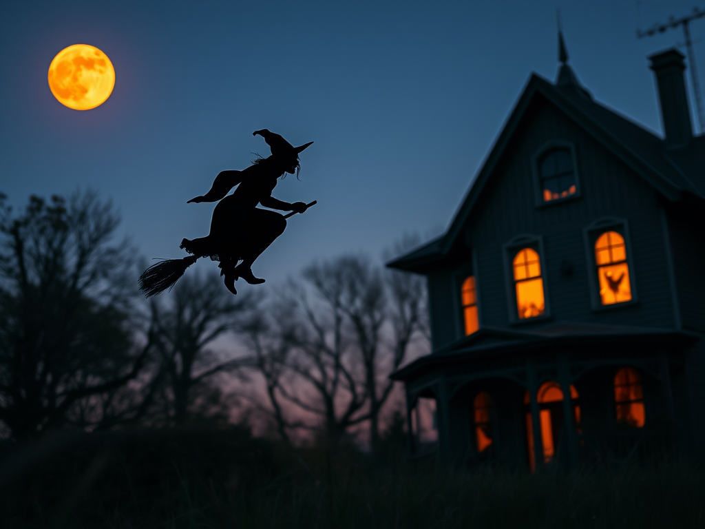 halloween scene featuring a silhouette of a witch flying on a broomstick with an orange full moon in the background, a haunted house with glowing windows, shot with a DSLR camera, 50mm lens, f/1.8 aperture, ISO 100, focus on depth of field to emphasize the foreground, low angle view at twilight for dramatic lighting