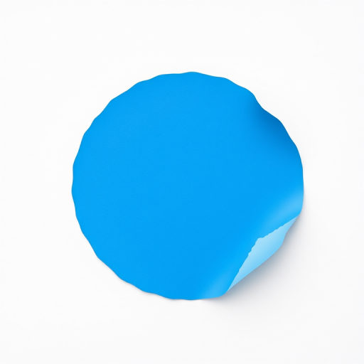 create a smooth circular blue sticker with a glossy finish and a slightly peeled edge, shot from a top-down view using a DSLR camera with a 50mm lens, aperture set to f/2.8, ISO 100, and natural lighting for enhanced clarity and detail