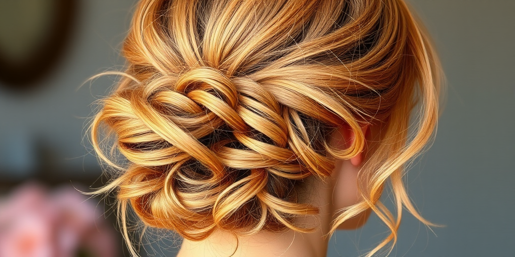 Romantic hair style featuring soft strawberry blonde curls arranged in a low messy bun with wispy face-framing tendrils
